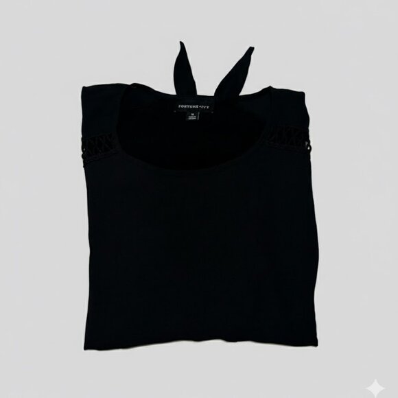 🖤 FORTUNE + IVY Black Tie-Front Top with Woven Shoulder Detail | Size M 🖤 - Picture 1 of 5